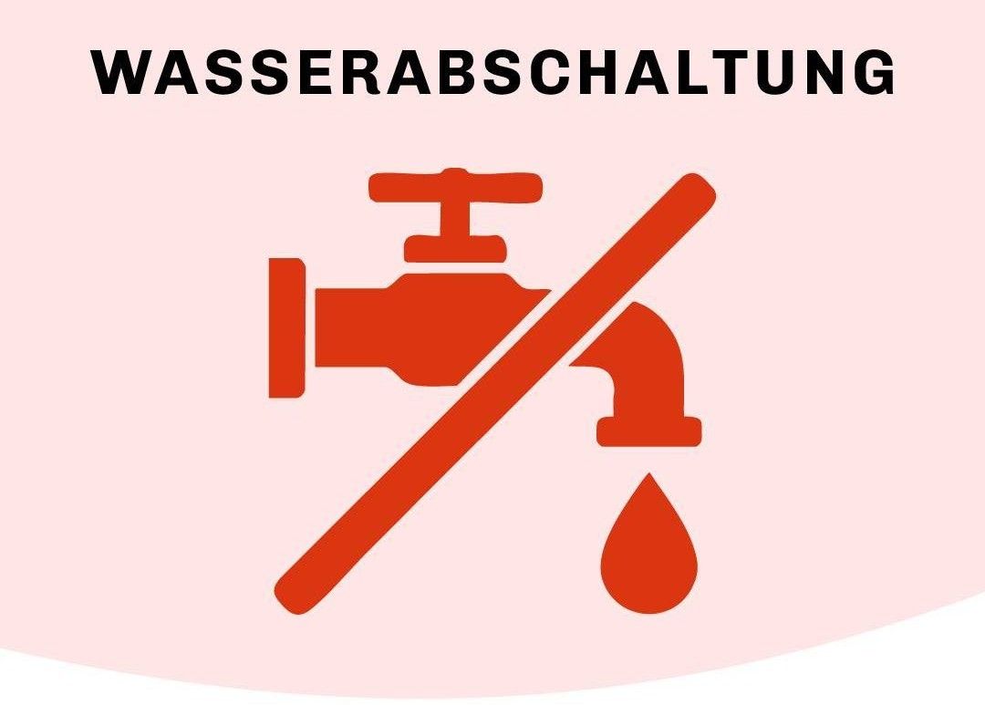 Illustration eines Wasserhahns mit einem Kreuzzeichen und einem Wassertropfen, was auf eine Wasserabschaltung hinweist.