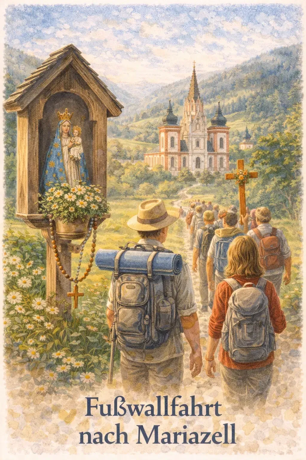 A group of pilgrims with backpacks walk along a path, passing a shrine with a statue of the Virgin Mary and a cross.