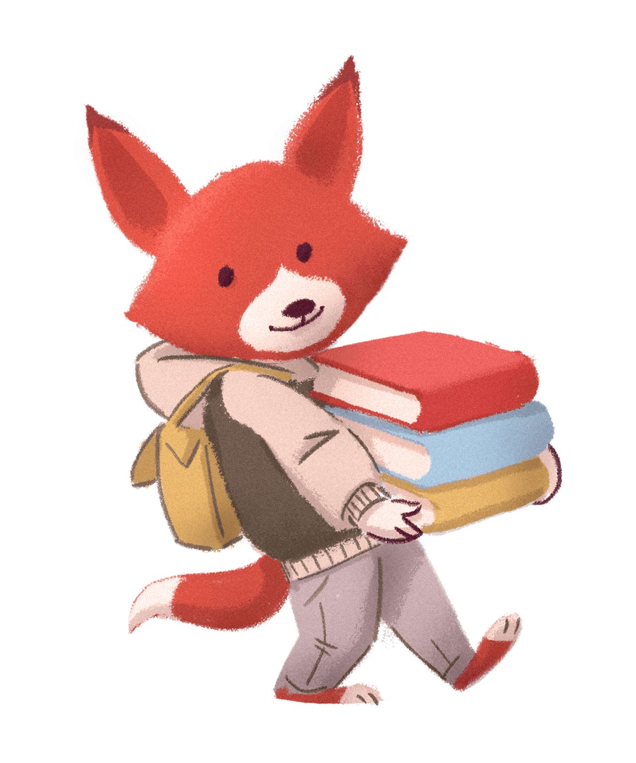 A fox carrying a stack of books on its back.