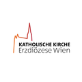 Logo der Katholischen Kirche Erzdiozese Wien, mit einer Liniengrafik in Orange und Rot und schwarzem Text.