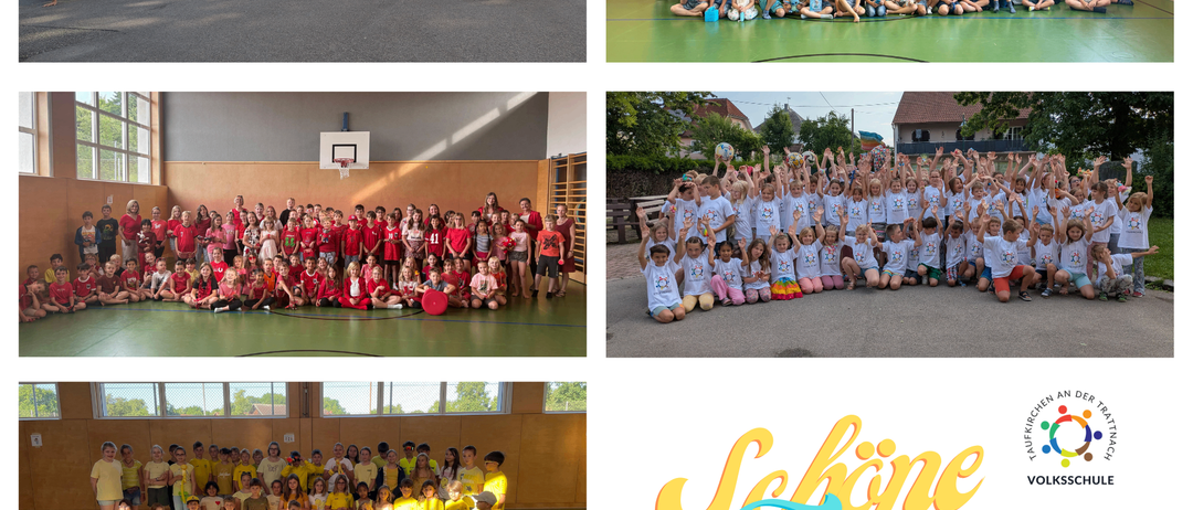 Verschiedene Gruppenfotos von Kindern in unterschiedlichen Umgebungen, einschließlich im Freien und in einer Turnhalle, tragen verschiedenfarbige Hemden.