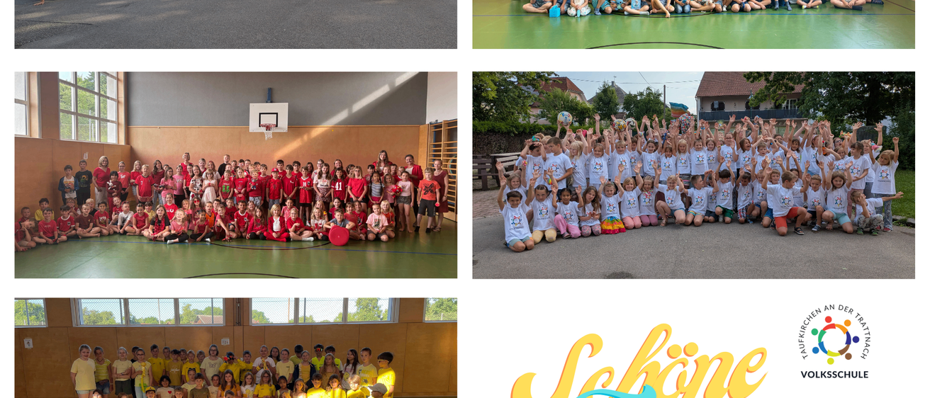 Verschiedene Gruppenfotos von Kindern in unterschiedlichen Umgebungen, einschließlich im Freien und in einer Turnhalle, tragen verschiedenfarbige Hemden.