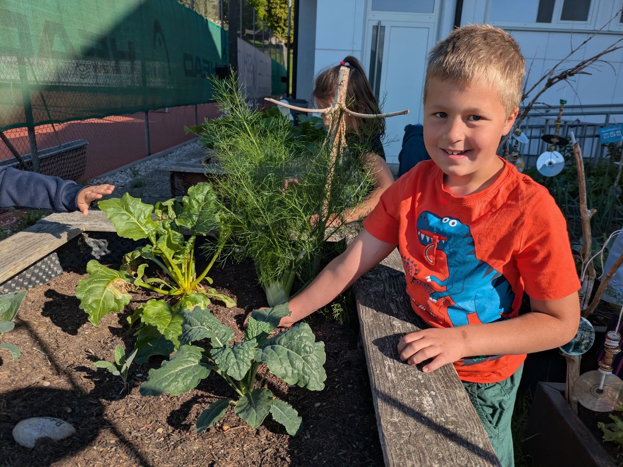 A young boy wearing a dinosaur shirt is smiling and touching a plant in a garden. A girl in the background is also involved. The garden is surrounded by a fence and trees.