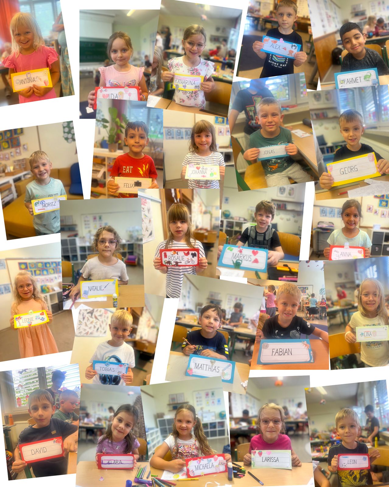Eine Collage von jungen Schülern im Klassenzimmer, die personalisierte Schilder mit ihren Namen halten, zeigt eine fröhliche Lernumgebung.