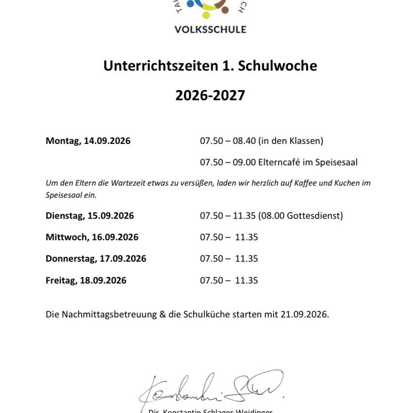 A Volksschule document for the 2026-2027 school year provides class times from Monday, September 14, 2026. Includes a note about an invitation for parents to join a coffee and kitchen session in the dining hall.