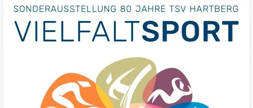Ein Plakat für eine Sportveranstaltung im Museum Hartberg vom 19. Juni bis 15. November 2026, mit farbenfrohen Symbolen von Läufern, Schwimmern und Radfahrern.