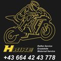 Schwarzer Hintergrund mit gelbem Logo und Text HBIKE, der Reifenservice, Ersatzteile und Motorradservice anbietet. Kontaktnummer +43 664 42 43 778.