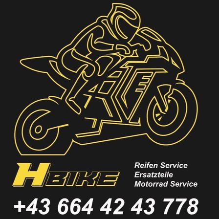 Schwarzer Hintergrund mit gelbem Logo und Text HBIKE, der Reifenservice, Ersatzteile und Motorradservice anbietet. Kontaktnummer +43 664 42 43 778.