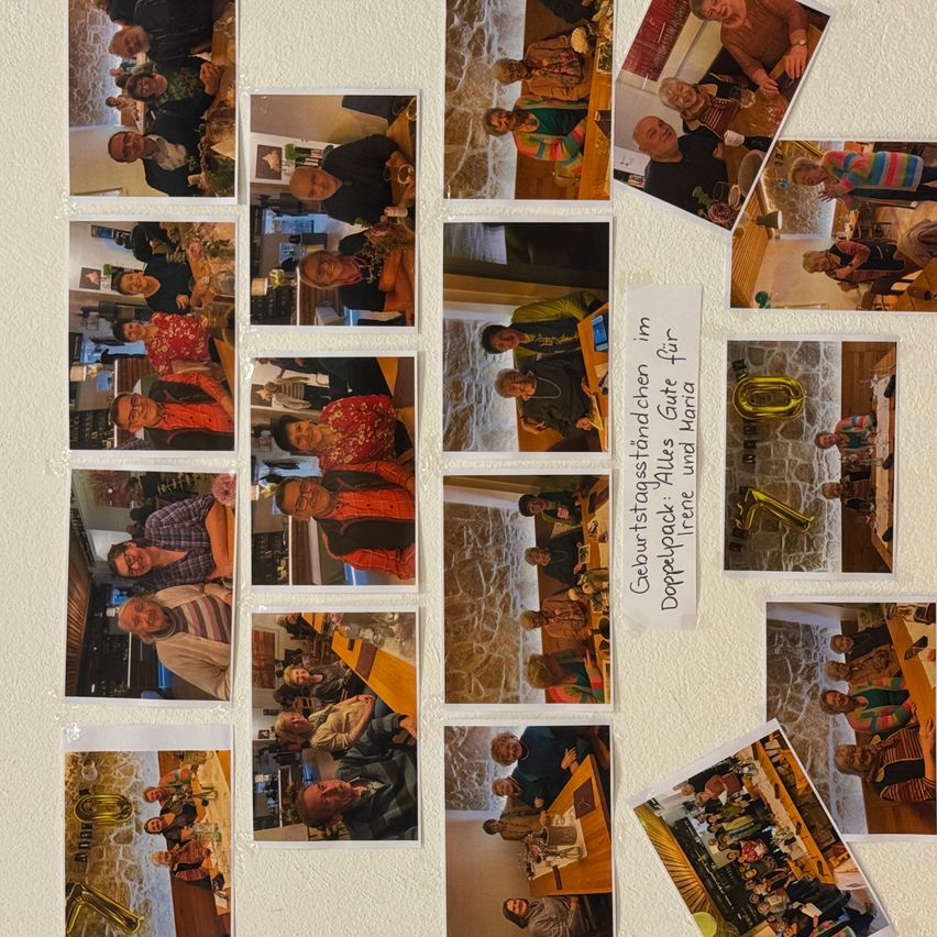 A collage of photographs showing a group of people enjoying various activities, including dining, playing instruments, and sitting in a room with a yellow balloon.