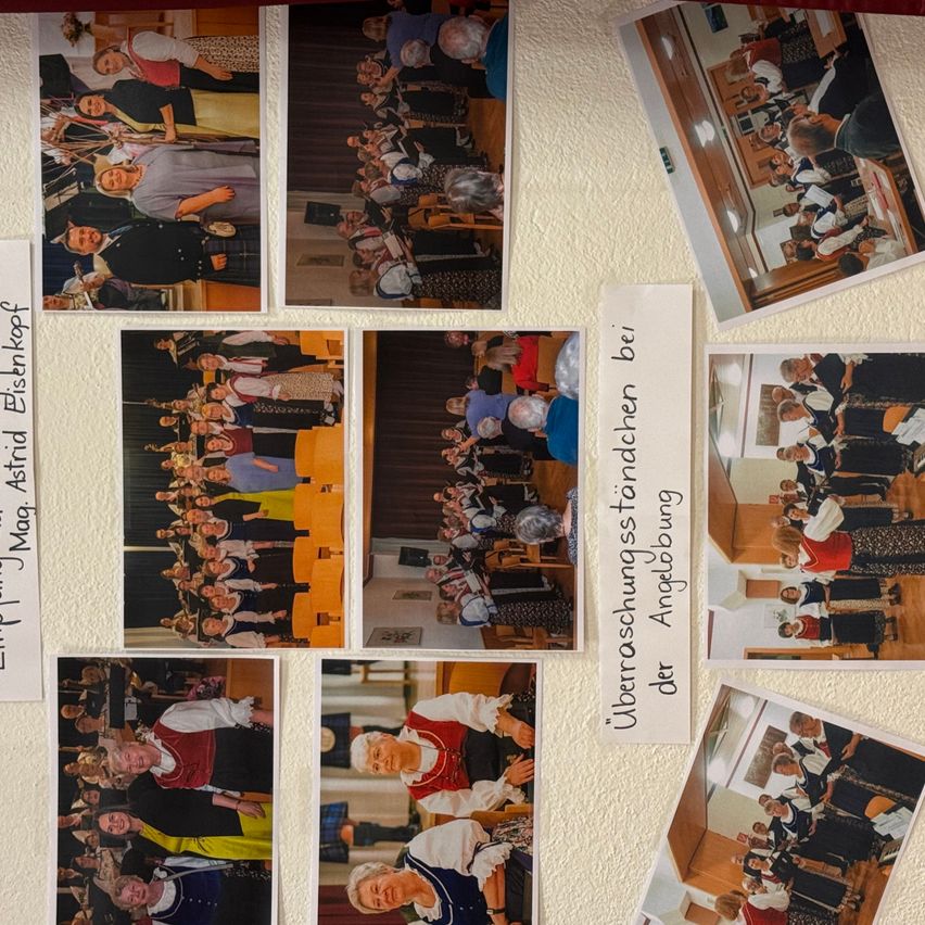 A collage of various photographs depicts a group of elderly individuals, some dressed in traditional attire, participating in a choir performance. The images vary from close-ups to group shots.