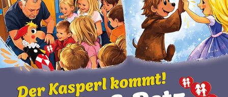 A poster for an event with kids, featuring characters like Charly, Petz, and Kasperl. The event is free and starts at 4:00 PM.