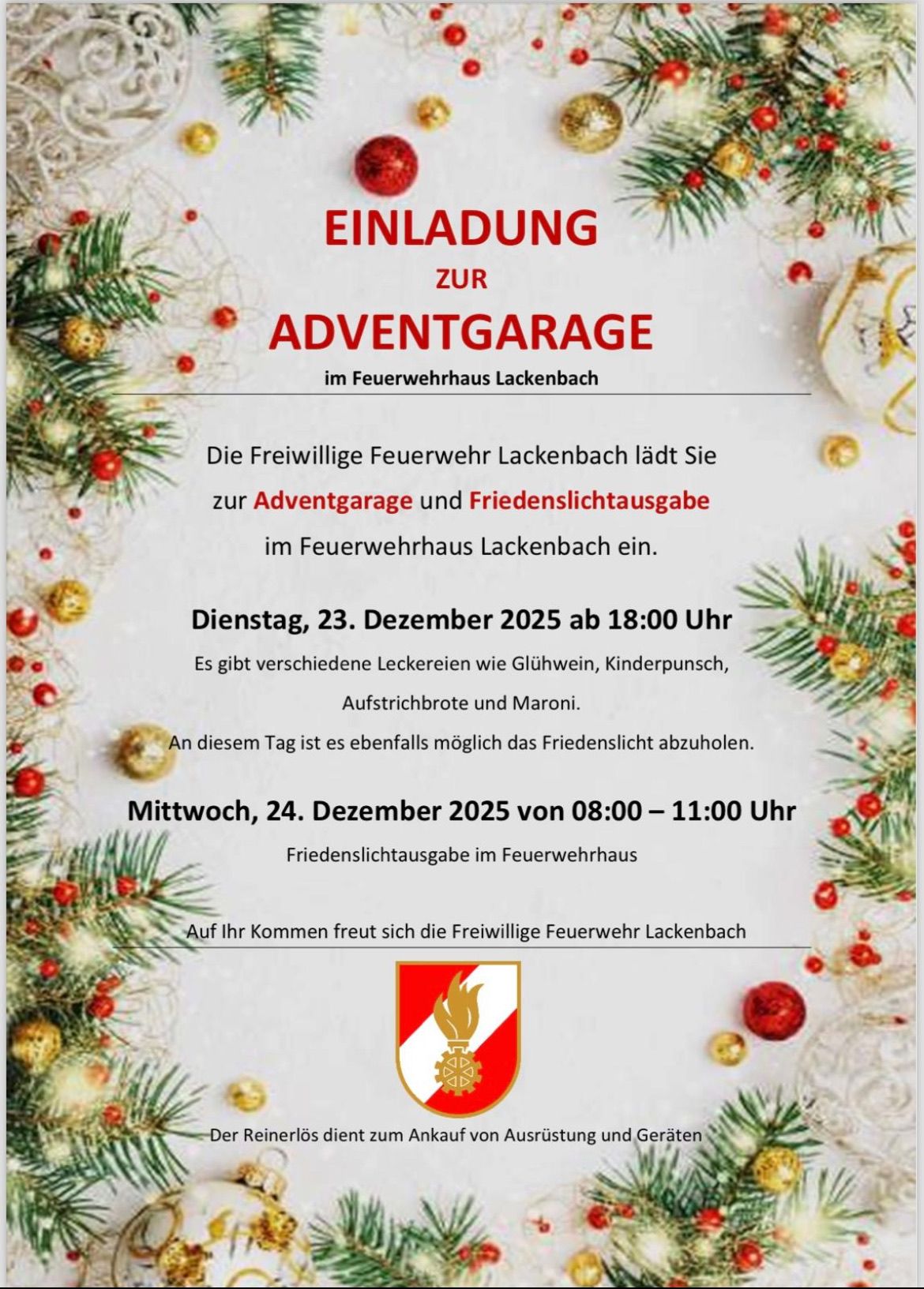 Einladung zur Adventgarage in Lackenbach, mit Weihnachtsmarkt und Friedenslichtverkauf. Termine sind der 23. und 24. Dezember 2025. Dekoriert mit einem Adventskranz und traditionellen deutschen Feiertagsdekorationen.