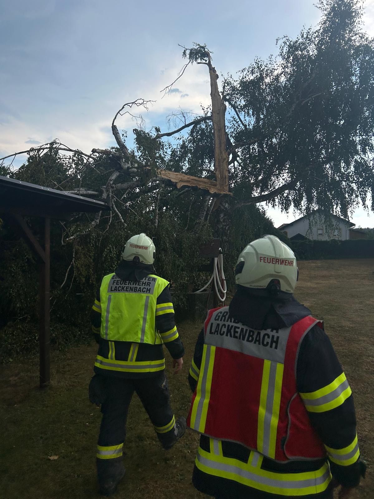 Zwei Feuerwehrleute in Schutzausrüstung gehen auf einen umgestürzten Baum mit beschädigter Struktur zu. Die Szene spielt sich auf einer Rasenfläche ab, mit einem Haus im Hintergrund.