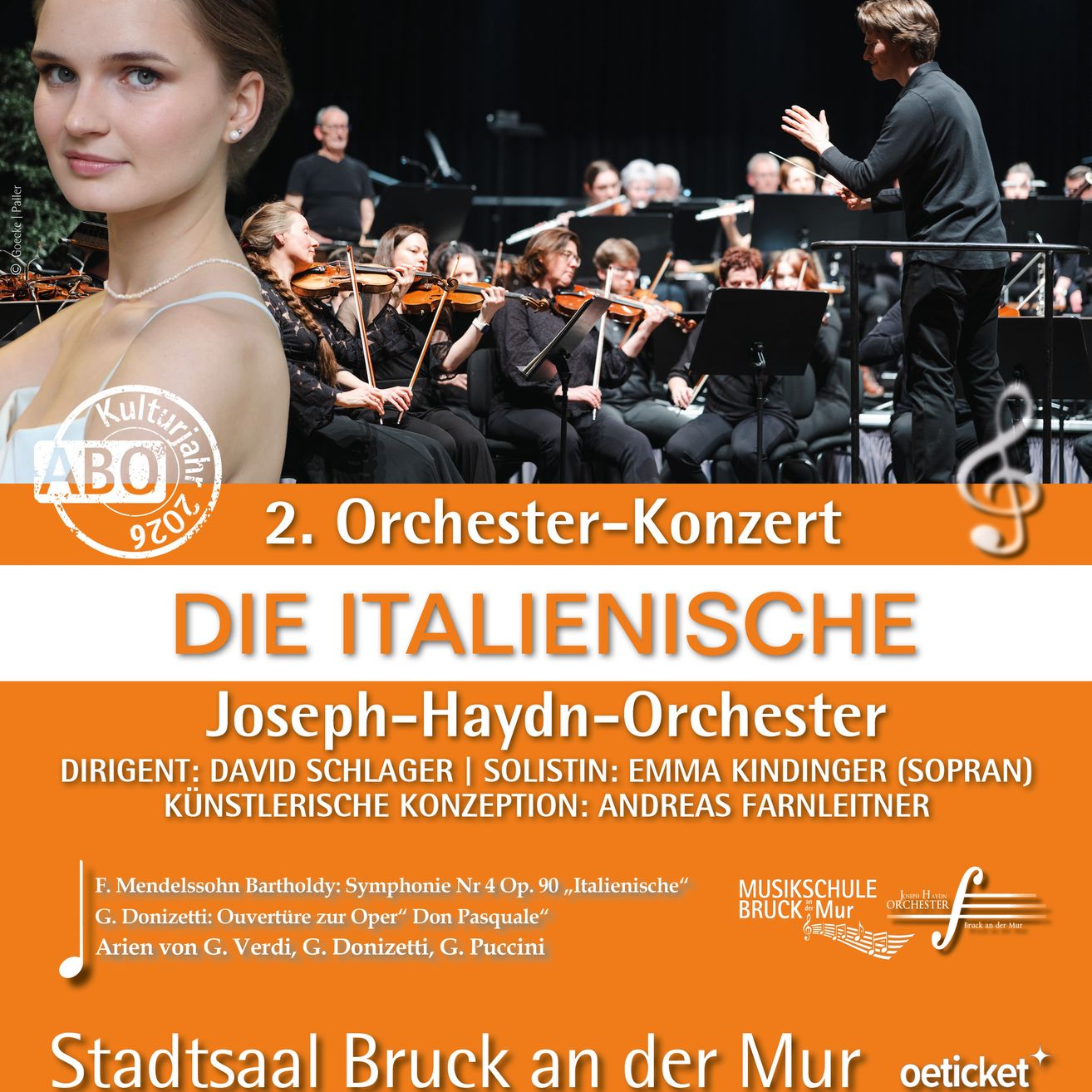 Werbeposter für das Italienische Orchesterkonzert mit einem Dirigenten, spielenden Violinisten und einer Frau im Vordergrund. Das Ereignis umfasst Stücke von Mendelssohn, Donizetti, Verdi, Donizetti und Puccini.