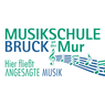 Logo der Musikschule an der Mur. Blaue und grüne Musiknoten fließen über den Text. Der Text lautet 'Hier fließt verheißene Musik.'