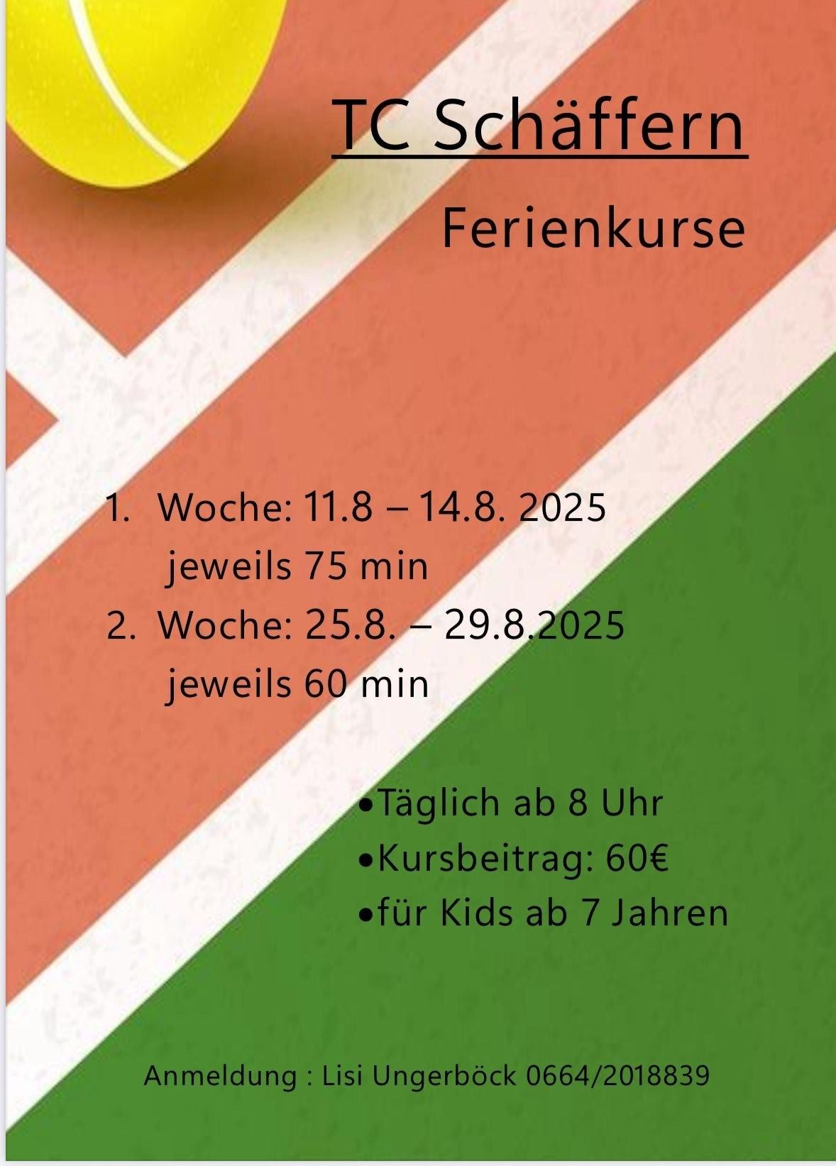 Zwei Wochen Ferienkurse geplant. Woche 1 vom 11.8. bis 14.8. 2025, jede Sitzung 75 Minuten. Woche 2 vom 25.8. bis 29.8. 2025, jede Sitzung 60 Minuten. Tägliche Sitzungen ab 8 Uhr. Kursgebühr 60€ für Kinder ab 7 Jahren.