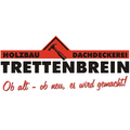 Logo für Holzbau Dachdeckerei Trettenbrein, mit einem roten Dach und einem Hammer, und dem Slogan 'Ob alt - ob neu, es wird gemacht!' in rotem Text.