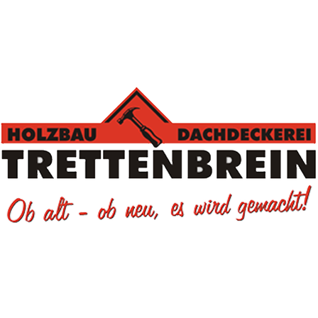 Logo für Holzbau Dachdeckerei Trettenbrein, mit einem roten Dach und einem Hammer, und dem Slogan 'Ob alt - ob neu, es wird gemacht!' in rotem Text.