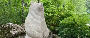 Eine Steinbärenstatue steht auf einem Felsen in einem üppigen Wald mit einem Informationsschild in der Nähe.