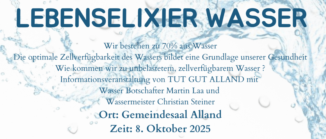 Poster für eine Veranstaltung über Wasser, mit einem Wassertropfen-Bild, das die Bedeutung von sauberem Wasser, Wassernutzungsstatistiken und Gesundheitsrisiken durch verunreinigtes Wasser bespricht. Es erwähnt den Veranstaltungsort, das Datum und die Redner.