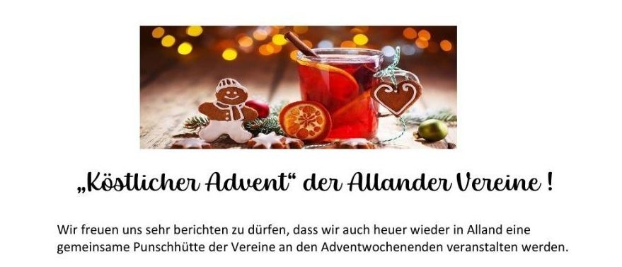 Ein Lebkuchenhaus und heiße Getränke sind in einer Werbung für die "Candy Cane Advent"-Veranstaltung des Allander Vereins zu sehen. Sie findet im Allander Gemeindepark statt. Zu den Veranstaltungen gehören Punsch, Glühwein, Jagatee und Süßigkeiten. Die Veranstaltung läuft von Freitag bis Sonntag, beginnend um 16 Uhr freitags und samstags und um 14 Uhr sonntags.