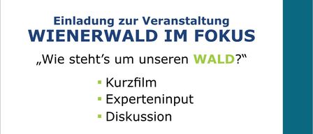 Ein Plakat bewirbt eine Veranstaltung im Gemeindesaal Alland am 12. März 2026 mit Fokus auf den Wienerwald. Es bietet einen Kurzfilm, Experteneinblicke und eine Diskussion, mit einer landschaftlichen Kulisse von Bergen und einem Baum.