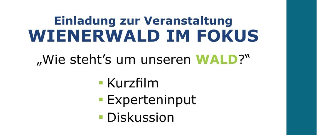 Ein Plakat bewirbt eine Veranstaltung im Gemeindesaal Alland am 12. März 2026 mit Fokus auf den Wienerwald. Es bietet einen Kurzfilm, Experteneinblicke und eine Diskussion, mit einer landschaftlichen Kulisse von Bergen und einem Baum.