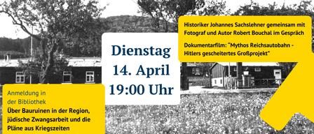 The image shows an event announcement for a historical discussion on April 14th at 7:00 PM at the Alland Public Library, featuring historian Johannes Sachslehner and photographer Robert Bouchal. The discussion will explore Hitler's unrealized grand project through a documentary film. The library collaborates with the Alland Market Community for Culture.