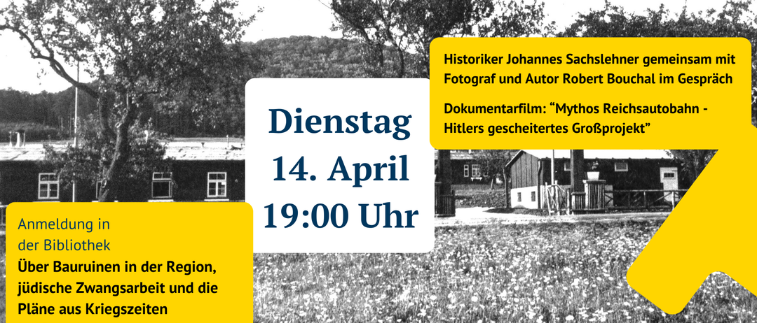 Das Bild zeigt eine Veranstaltungsankündigung für eine historische Diskussion am 14. April um 19:00 Uhr in der öffentlichen Bibliothek Alland mit dem Historiker Johannes Sachslehner und dem Fotografen Robert Bouchal. Die Diskussion wird Hitlers unrealisiertes Großprojekt anhand eines Dokumentarfilms erkunden. Die Bibliothek arbeitet mit der Marktgemeinde Alland für Kultur zusammen.