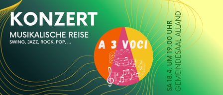 Plakat für ein musikalisches Konzert mit verschiedenen Genres wie Swing, Jazz, Rock und Pop. Das Event ist für Samstag um 19:00 Uhr geplant. Der Ort ist Gemeindesaal Alland.