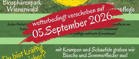 Poster for Biosphärenpark Wienerwald event on September 5, 2026. Participants needed. Gloves provided. Contact Jenny Baer-Pästor at 0699/11601347 or email at jenny@baerconsulting.eu.