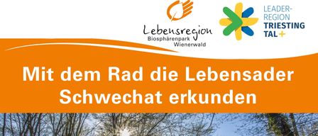 Ein Plakat für eine Radtour entlang der Schwechat am 09.05.2026 von 09:00 bis 12:00 Uhr. Anmeldung erwünscht.