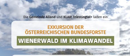 Plakat für eine Exkursion im Wienerwald durch die Österreichischen Bundesforste, mit einem malerischen Waldhintergrund, Veranstaltungsdetails und Kontaktinformationen.
