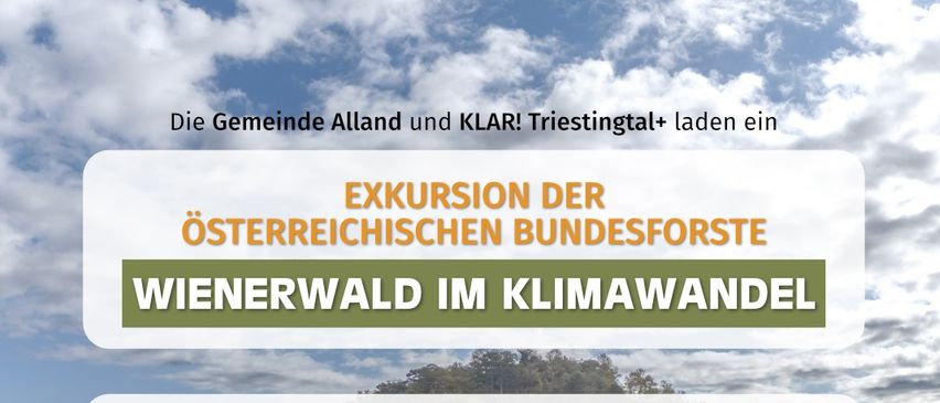 Plakat für eine Exkursion im Wienerwald durch die Österreichischen Bundesforste, mit einem malerischen Waldhintergrund, Veranstaltungsdetails und Kontaktinformationen.
