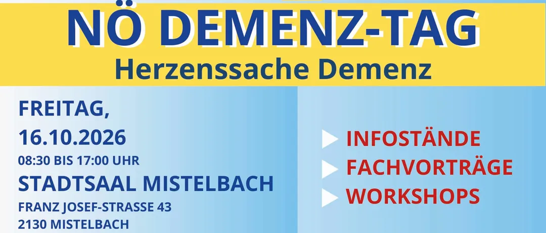 Plakat für die Demenz-Tag-Veranstaltung mit blau-gelbem Hintergrund, Veranstaltungsdetails und Kontaktnummer.