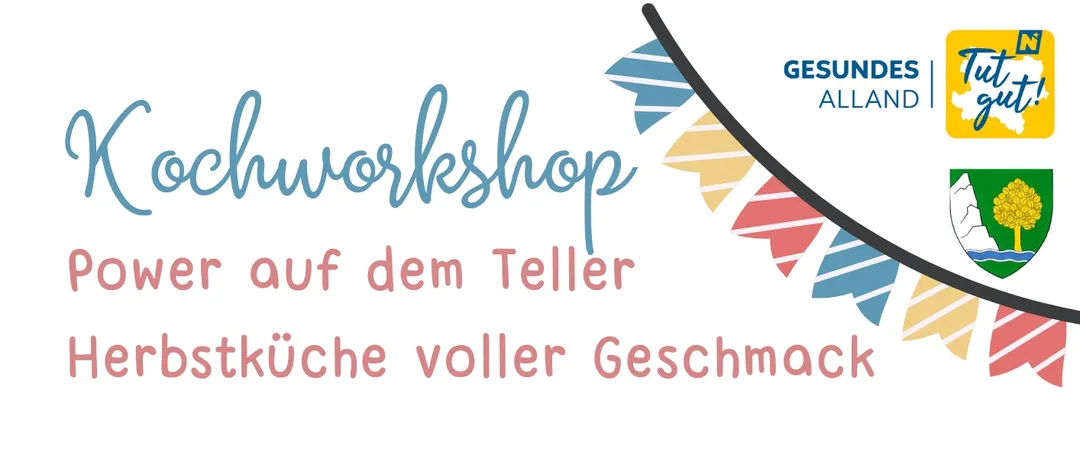 Eine weiße Seite mit rotem Text, der 'Power auf dem Teller Herbstküche voller Geschmack' und ein bunter Banner oben.