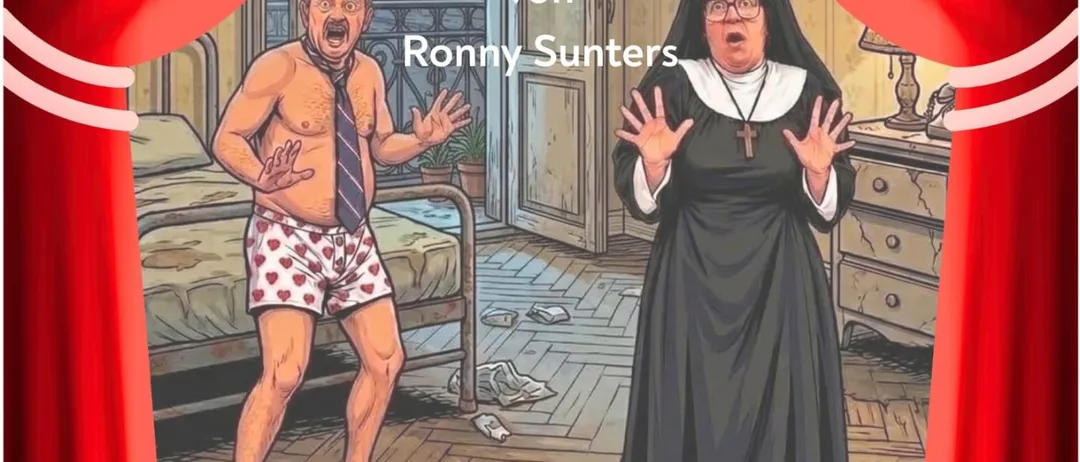Ein Plakat für eine Theateraufführung mit dem Titel 'Schock, lass nach!' mit einem Mann in herzgemusterten Shorts und einer Nonne in einem schwarzen Habit. Das Plakat hat einen roten Vorhang als Hintergrund und einen Zeitplan der Aufführungen.
