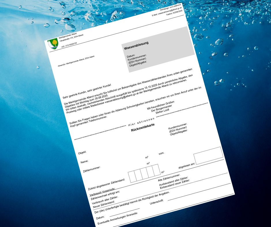 Ein Dokument mit deutschem Text und Wasserzeichen erscheint. Es ist mit Wasserablesung betitelt, was auf eine Wasserzählerablesung hinweist. Abschnitte umfassen Daten, Objektnummern und Kundendetails. Das Dokument liegt auf einem blauen Hintergrund.
