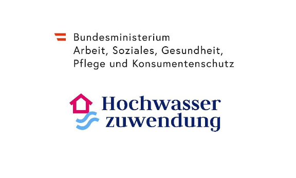 Das Bild zeigt ein Logo mit dem Text 'Hochwasser zuwendung' und das Bundesministerium für Arbeit, Soziales, Gesundheit, Pflege und Verbraucherschutz.
