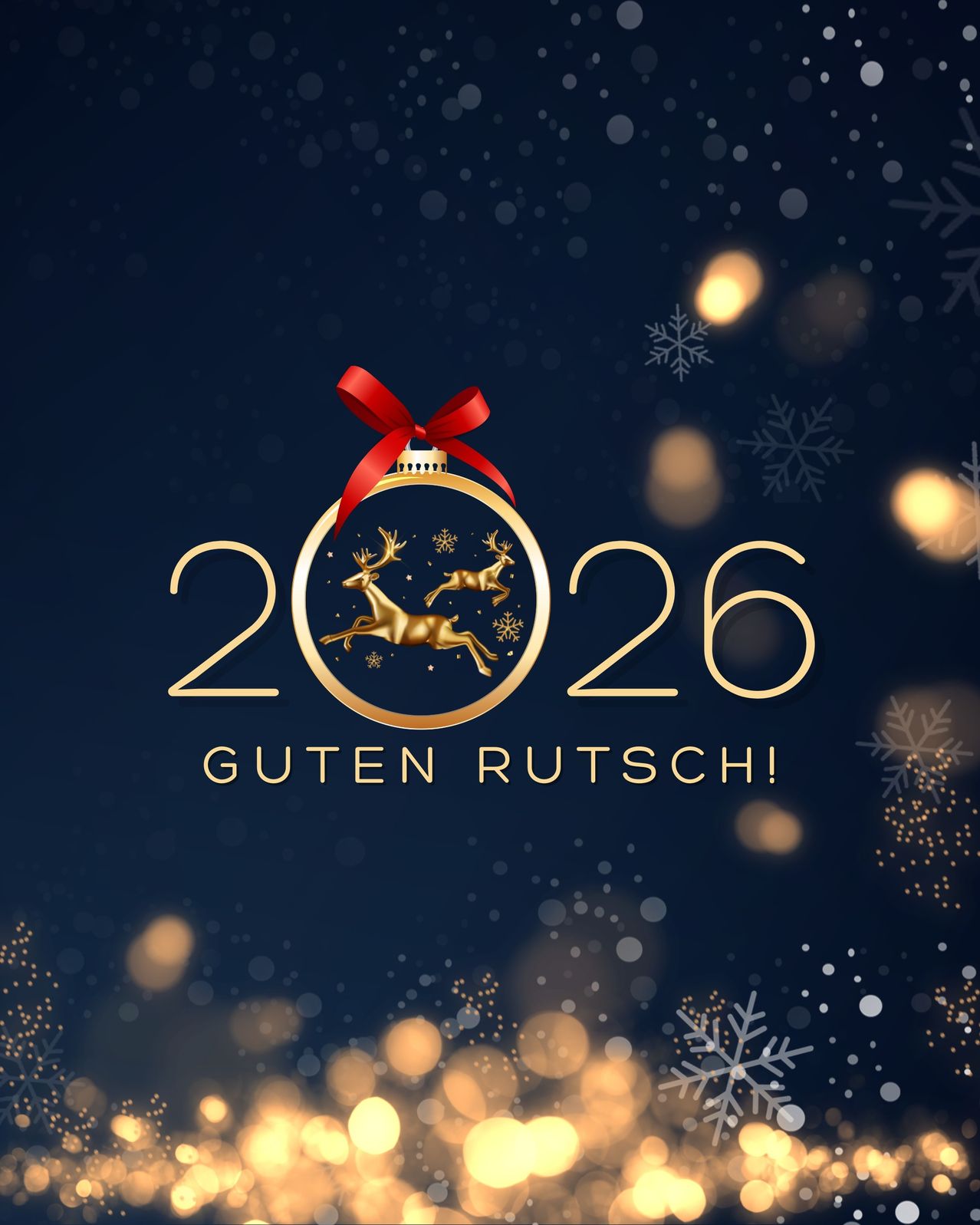 Ein blau-goldener Neujahrsgruß-Karte zeigt einen goldenen Zierball mit zwei Rehen darin, verbunden durch ein rotes Band. Das Jahr 2026 ist in Gold geschrieben. Darunter steht 'Guten Rutsch!'. Schneeflocken und Lichter sind verstreut.
