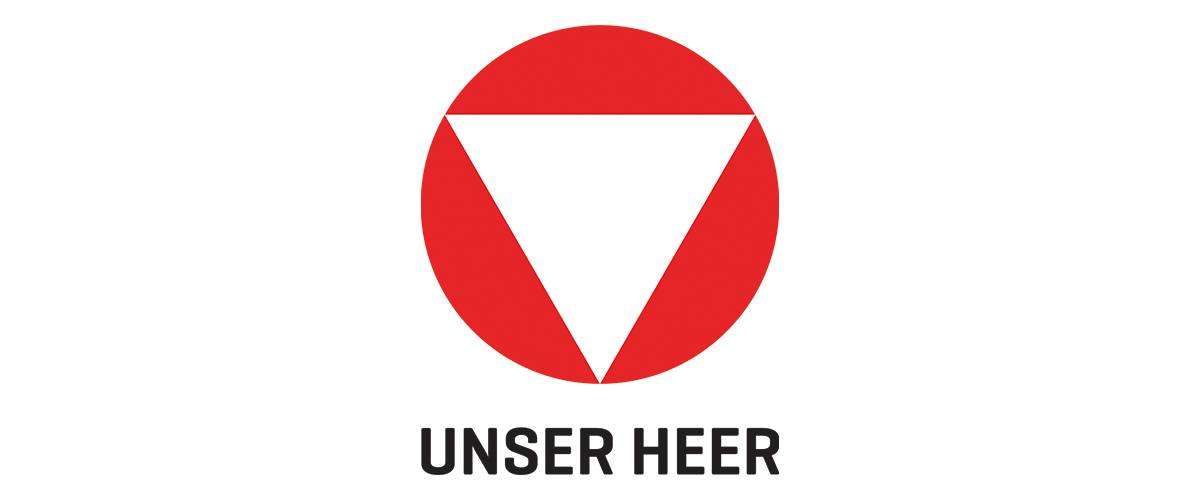 Ein rotes Kreislogo mit einem weißen Dreieck darin und dem Text 'UNSER HEER' in Schwarz darunter.