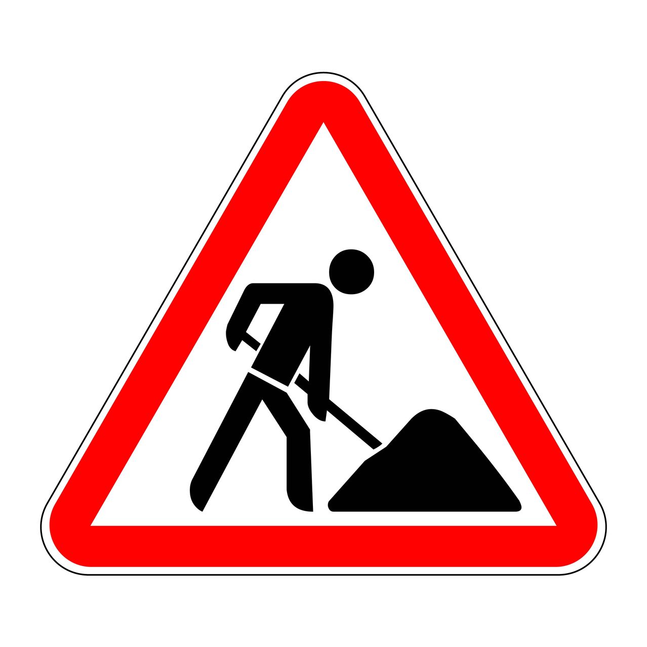 Schwarz-weißes dreieckiges Schild mit einem Mann, der gräbt. Roter Rand auf allen Seiten.