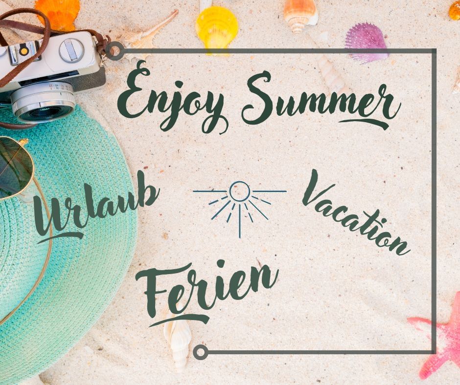 A beach scene with a camera, a hat, and various shells on the sand. The words 'Enjoy Summer,' 'Urlaub,' 'Vacation,' and 'Ferien' are written in different fonts.