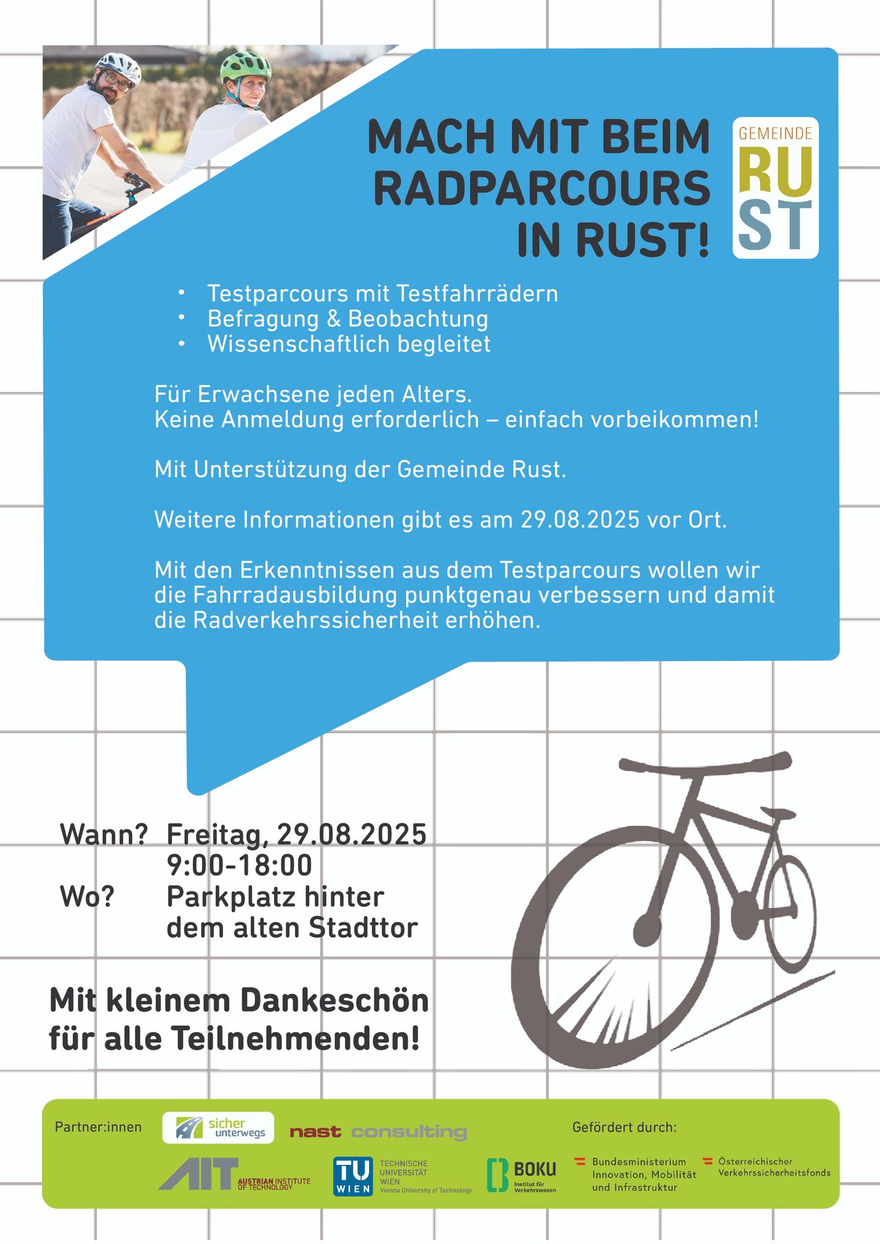 Flyer für einen Fahrrad-Testparcours in Rust. Freitag, 29.08.2025, 9:00-18:00 am Parkplatz hinter dem alten Rathaus. Keine Anmeldung erforderlich. Unterstützt von der Gemeinde Rust.