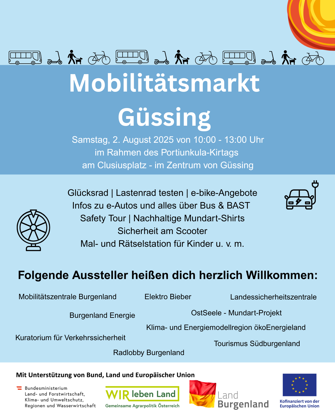 Mobilitätsmarkt in Güssing, findet am 2. August 2025 von 10:00 bis 13:00 am Clusiusplatz statt. Angebote umfassen E-Bikes, Sicherheitstouren und nachhaltige Mode. Unterstützt von Bund, Land und Europäischer Union.