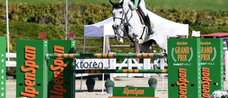 Ein Reiter auf einem weißen Pferd springt ein Hindernis bei einem Wettbewerb mit 'AlpenSpan'-Markenwerbung, auf einem grünen Feld mit einem Zelt im Hintergrund.