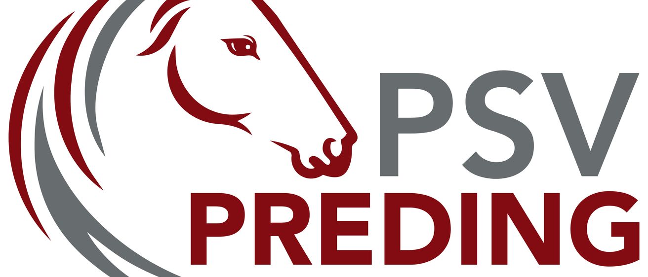 Das PS Predin Logo zeigt einen stilisierten Pferdekopf mit wehendem Mähnenhaar vor weißem Hintergrund. Der Text 'PS' ist in großen grauen Buchstaben über dem Pferdekopf.