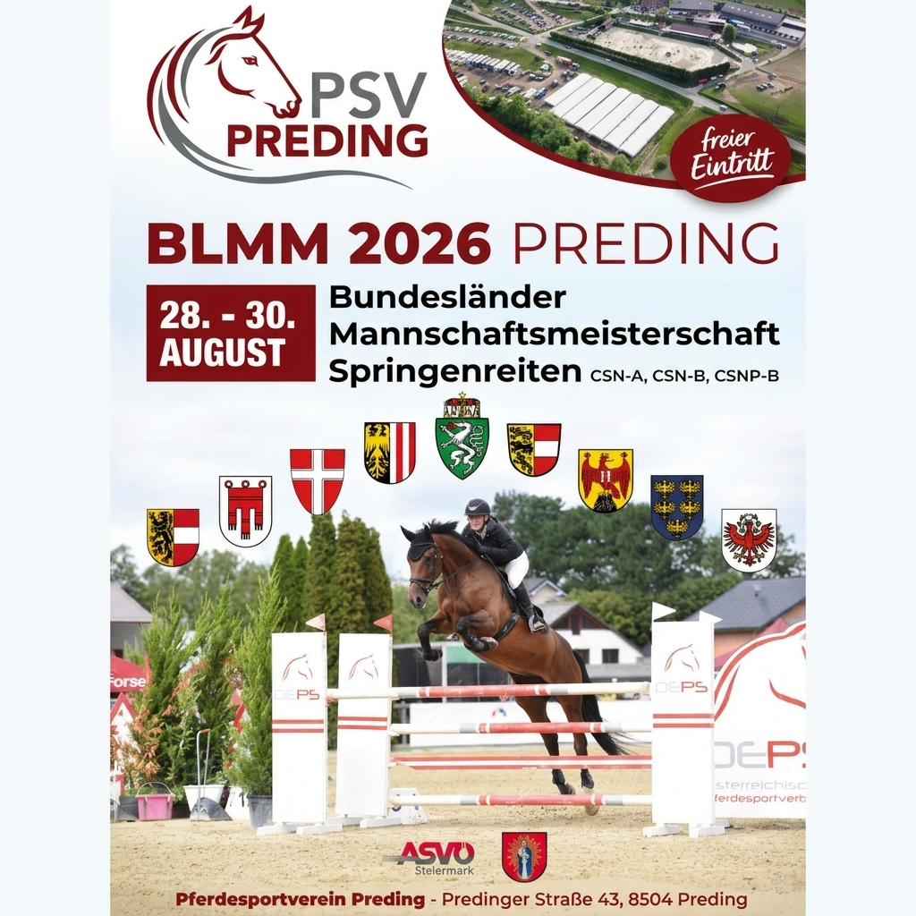 Poster for the 2026 Preding Equestrian Championships, featuring a rider on a horse jumping over obstacles. The event is scheduled for August 28-30. The poster includes logos of various equestrian associations and a scenic background.