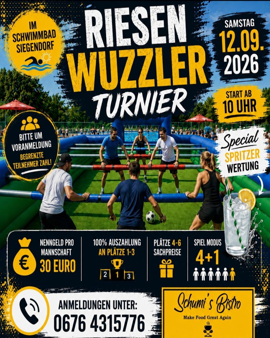 Ein Plakat für die 'Kilon Wuzzler Turner' am 12. September 2026, das Menschen auf einem aufblasbaren Hindernisparcours zeigt, mit einem Schwimmbad im Hintergrund. Das Plakat enthält Details wie Startzeit, ein spezielles Spritzer-Angebot und einen Preis für die Gewinner.