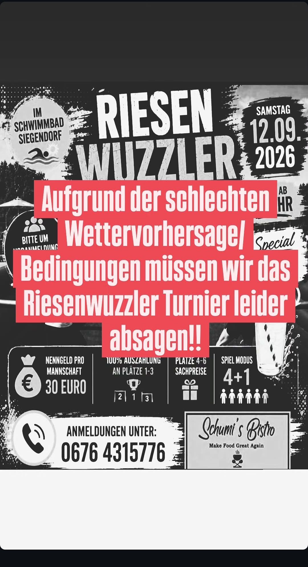 Poster for a canceled Riesenwuzzler event due to poor weather forecast. Features a red warning, event details, and contact information.